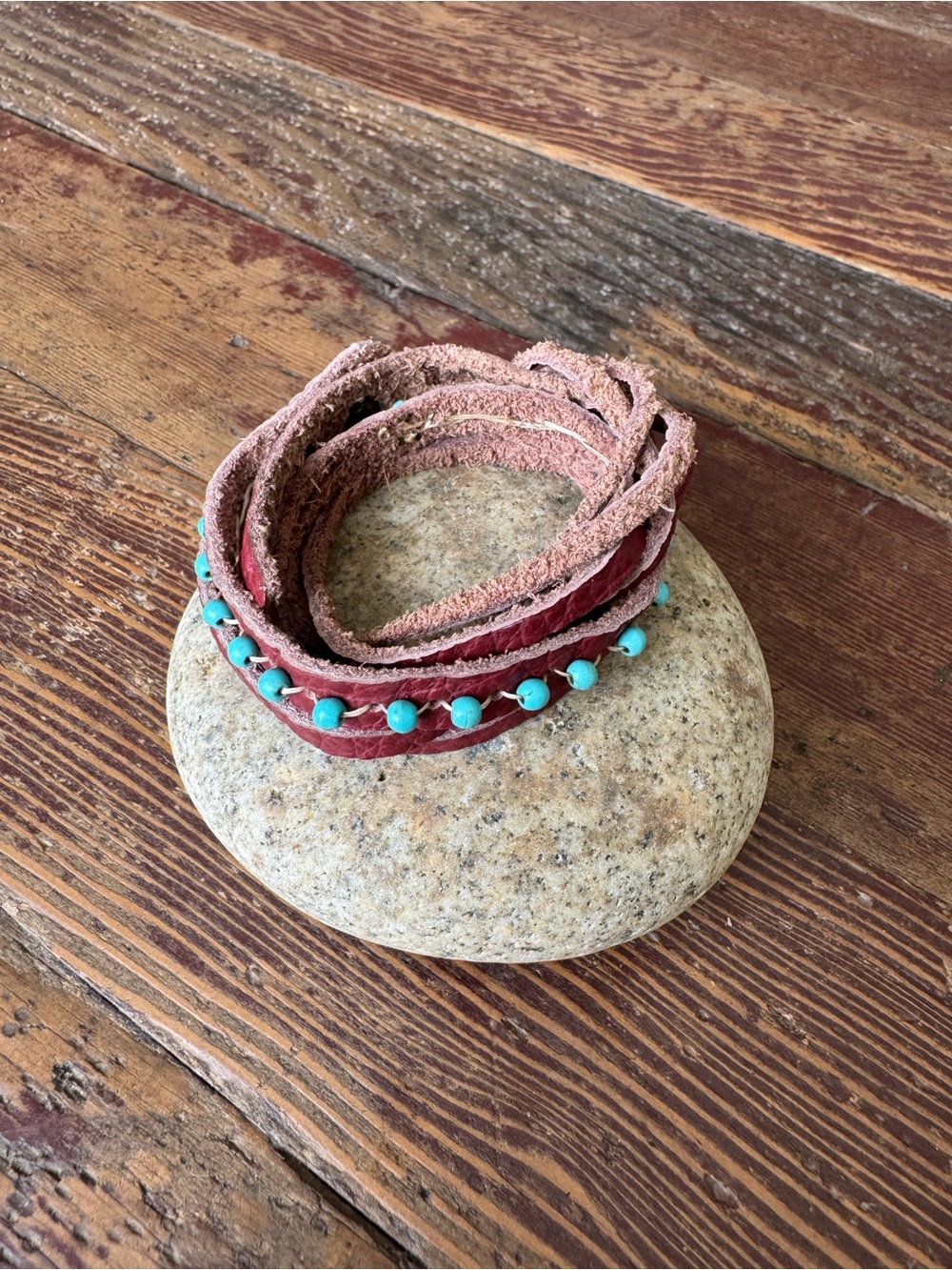 Turquoise Beaded Red Leather Wrap Bracelet